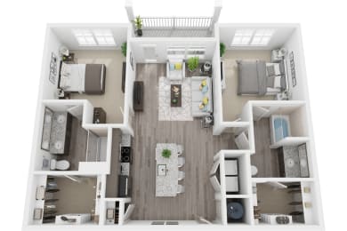 3D 1137sf 2 bed 2 bath floor plan at The Flats at Ballantyne, NC