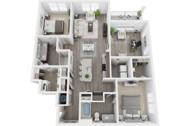 3D 1392sf 2 bed 2 bath with den floor plan at The Flats at Ballantyne