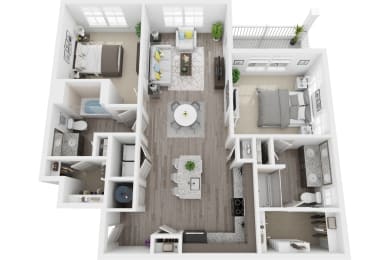 3D 1189sf 2 bed 2 bath floor plan at The Flats at Ballantyne,  Ballantyne, NC