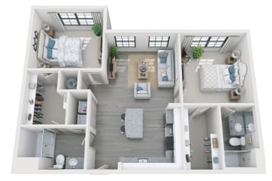 2 bed 2 bath 1082 sf 3D floor plan at 1010 Dilworth Apartments, Charlotte, 28204,