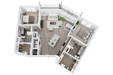 3D 1278sf 2 bed 2 bath floor plan at The Flats at Ballantyne