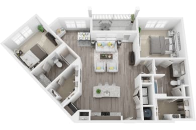 3D 1272sf 2 bed 2 bath floor plan at The Flats at Ballantyne, NC