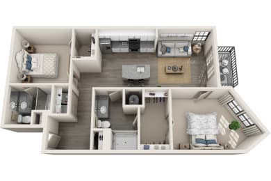 2 bed 2 bath 1010 sf 3D floor plan at 1010 Dilworth Apartments, North Carolina