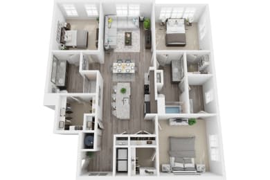 3D 1479sf 3 bed 2 bath floor plan at The Flats at Ballantyne