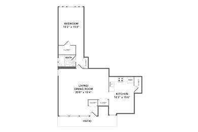 A floor plan of a home with a bedroom, living/dining room, kitchen, and patio.