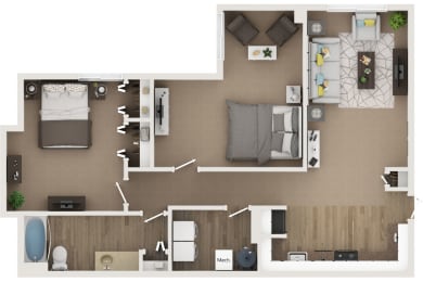 1 bed 1 bath 1100sf 3D floor plan at Cardiff Hall Apartments, Towson MD
