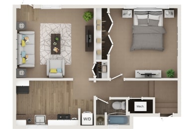 1 bed 1 bath 3d floor plan at Cardiff Hall Apartments, Towson MD