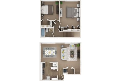 2 bed 1 bath townhouse 1100sf 3d floor plan at Cardiff Hall Apartments, Towson MD