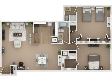 2 bedroom 2 bathroom 1300sf floor plan at Cardiff Hall Apartments, Towson, 21204