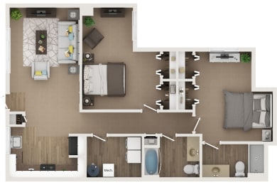 2 bed 2 bath 1100sf 3D floor plan at Cardiff Hall Apartments, Towson MD