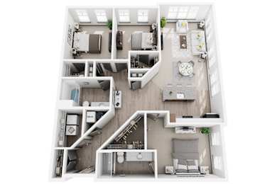 A top-down view of a modern apartment layout with a kitchen, living room, and bedrooms.