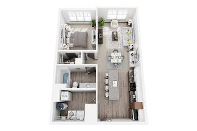 A top-down view of a small apartment with a kitchen, living room, and bathroom.