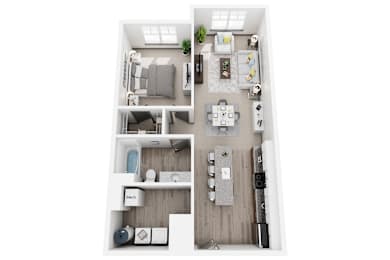A top down view of a small apartment with a kitchen, living room, and bedroom.