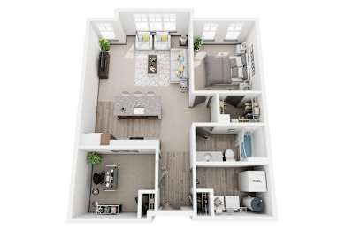 A6 1 bed 1 bath bath 3D floor plan at Dartmoor Place at Oxford Square Apartments, Hanover, Maryland, 21076