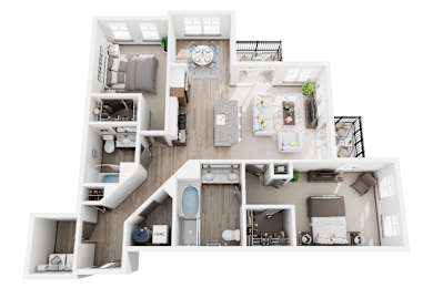 C3 2 bed 2 bath 3D floor plan at Dartmoor Place at Oxford Square Apartments, Hanover, Maryland