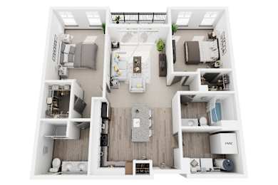 D1 2 bed 2 bath bath 3D floor plan at Dartmoor Place at Oxford Square Apartments, Hanover, Maryland