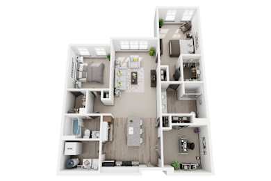 D2 2 bed 2 bath bath  3D floor plan at Dartmoor Place at Oxford Square Apartments, Hanover, MD