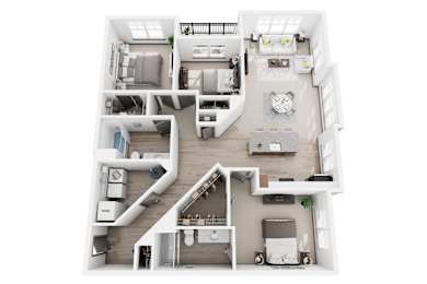 F1 3 bedroom 2 bath 3D floor plan at Dartmoor Place at Oxford Square Apartments, Hanover, Maryland, 21076