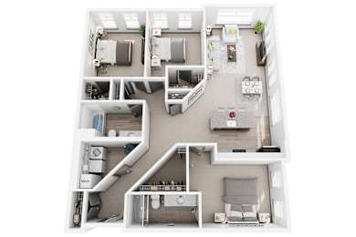 A top-down view of a small apartment with a kitchen, living room, and bedroom.