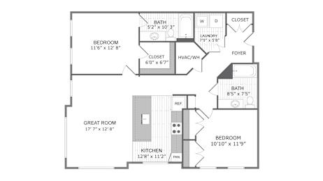 C2 2 bed 2 bath floor plan at Dartmoor Place at Oxford Square Apartments, Hanover, Maryland