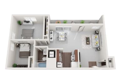 Renovated 2 Bed 1 Bath 654sf 3D Floor Plan at Falls Village Apartments, Baltimore, MD, 21209