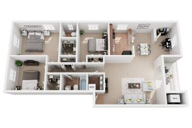 3 Bed 1.5 Bath Floor Plan at Kenilworth at Perring Park Apartments, Parkville, MD, 21234