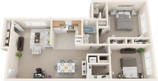 Non Renovated 2 Bed 2 Bath 1063sf 3D Floor Plan at Stevenson Lane Apartments, Towson, Maryland