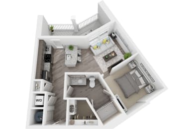 3D 613sf studio floor plan at The Flats at Ballantyne, Ballantyne, NC, 28277