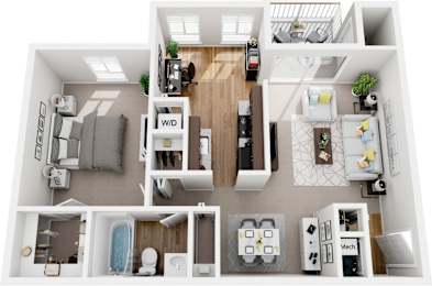 1 bedroom  1 bath deluxe non-renovated 3d floor plan at Westwinds Apartments, Annapolis, 21403