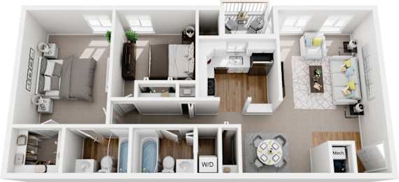 2 bedroom  2 bath non-renovated 3d floor plan at Westwinds Apartments, Annapolis, MD