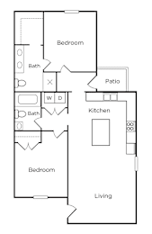 A floor plan of a living space with a kitchen, two bathrooms, a patio, and two bedrooms.