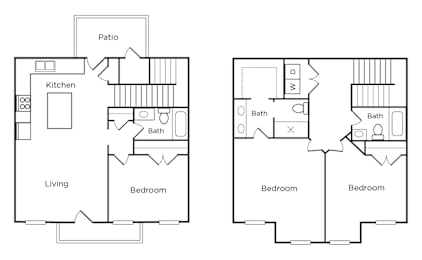 A floor plan of a house with two bedrooms, a living room, a kitchen, and a patio.