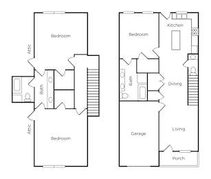 A floor plan of a two bedroom apartment with a garage and a porch.