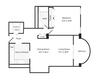 the floor plan of a bedroom apartment with a dining room and a living room