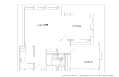 Floor Plan  A floor plan of a house with a living room, two bedrooms, and a bathroom.