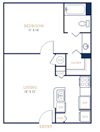 A floor plan of a small apartment with a bedroom, living room, and entry.
