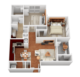 a 3d rendering of a bedroom and living room