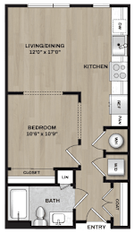 A floor plan of a small apartment with a living/dining area, kitchen, bedroom, bathroom, closet, and entry.