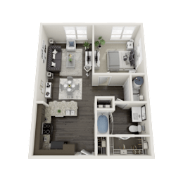 A 3D floor plan of a small apartment with a kitchen, living room, and bathroom.