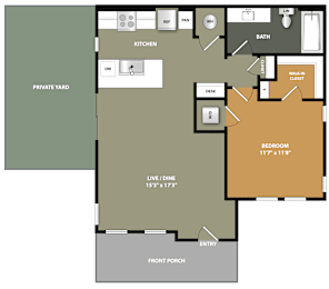 A floor plan of a house with a bedroom, bathroom, kitchen, and living area.