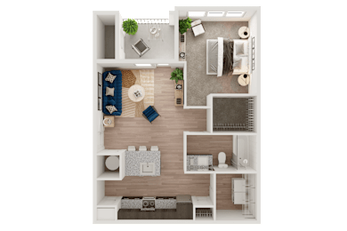 A top-down view of a small apartment with a living room, kitchen, and bedroom.