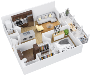 3d floor plan of a house with bedrooms and a living room