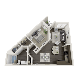 A 3D rendered image of a house layout.