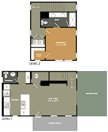 A floor plan of a two-story home with a bedroom, bathroom, kitchen, and living area.
