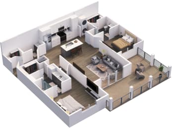 3d floor plan of a 2100 sq ft apartment