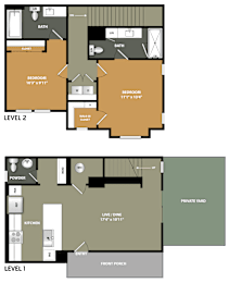 A floor plan of a two-level home with labeled rooms and dimensions.