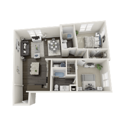 A detailed 3D model of a house layout with various rooms and furniture.
