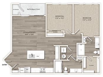 A floor plan of a house with two bedrooms, a living area, and a storage space.