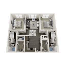 A 3D floor plan of a house with a kitchen, living room, and two bedrooms.