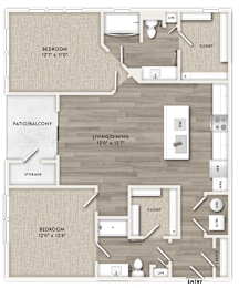 A floor plan of a home with two bedrooms, a living/dining area, and a storage space.
